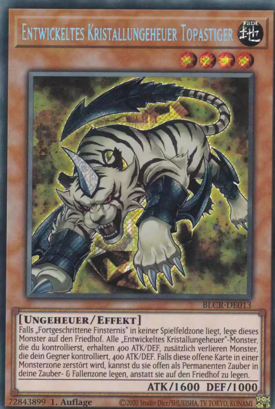 Entwickeltes Kristallungeheuer Topastiger BLCR-DE013 ist in Secret Rare Yu-Gi-Oh Karte aus Battles of Legend Crystal Revenge 1.Auflage