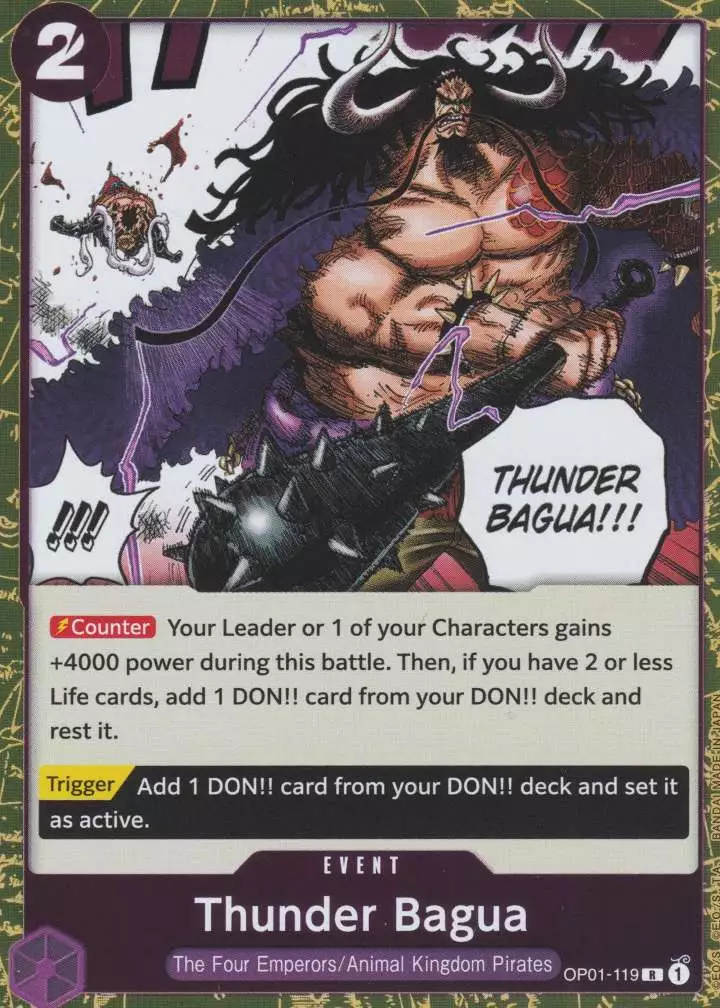 op01-119-thunder-bagua-rare-romance-dawn Thunder Bagua OP01-119 ist in Rare. Die One Piece Karte ist aus Romance Dawn in Normal Art.