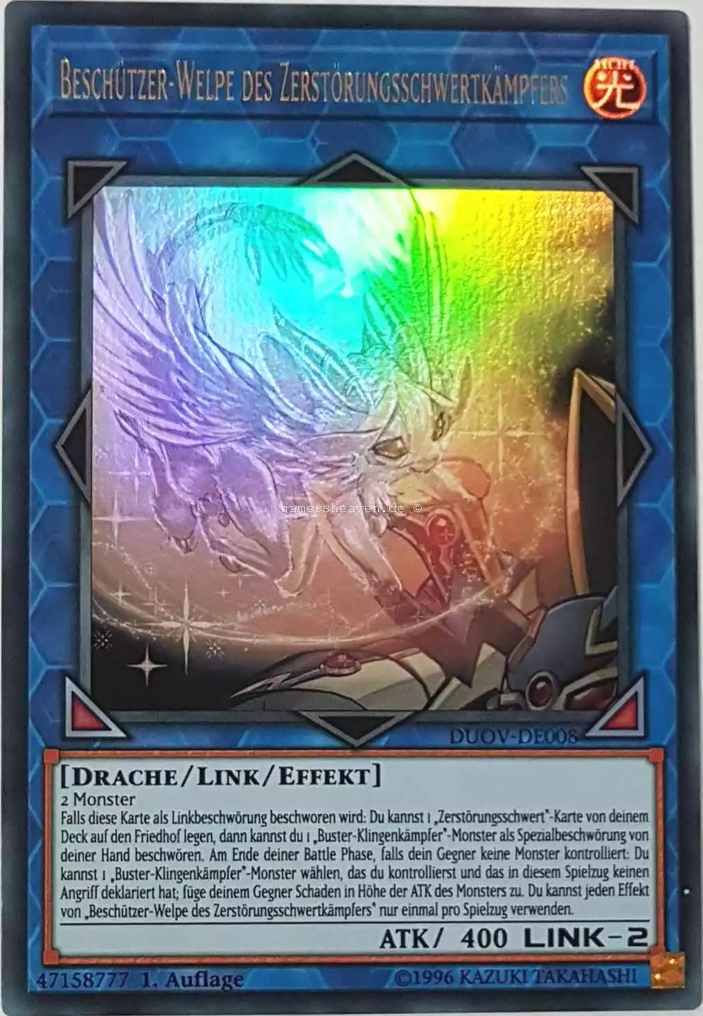 Beschützer-Welpe des Zerstörungsschwertkämpfers DUOV-DE008 ist in Ultra Rare Yu-Gi-Oh Karte aus Duel Overload 1.Auflage