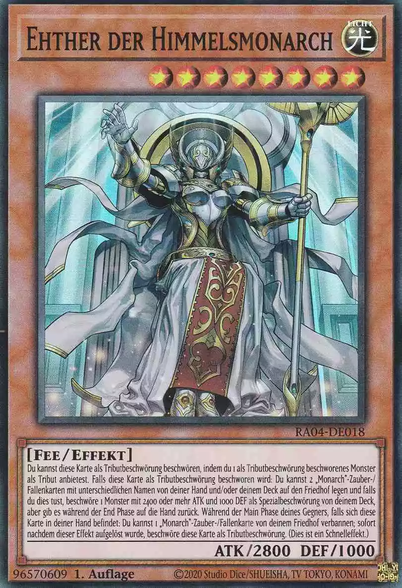 Ehther der Himmelsmonarch RA04-DE018 ist in Super Rare Yu-Gi-Oh Karte aus Quarter Century Stampede 1.Auflage