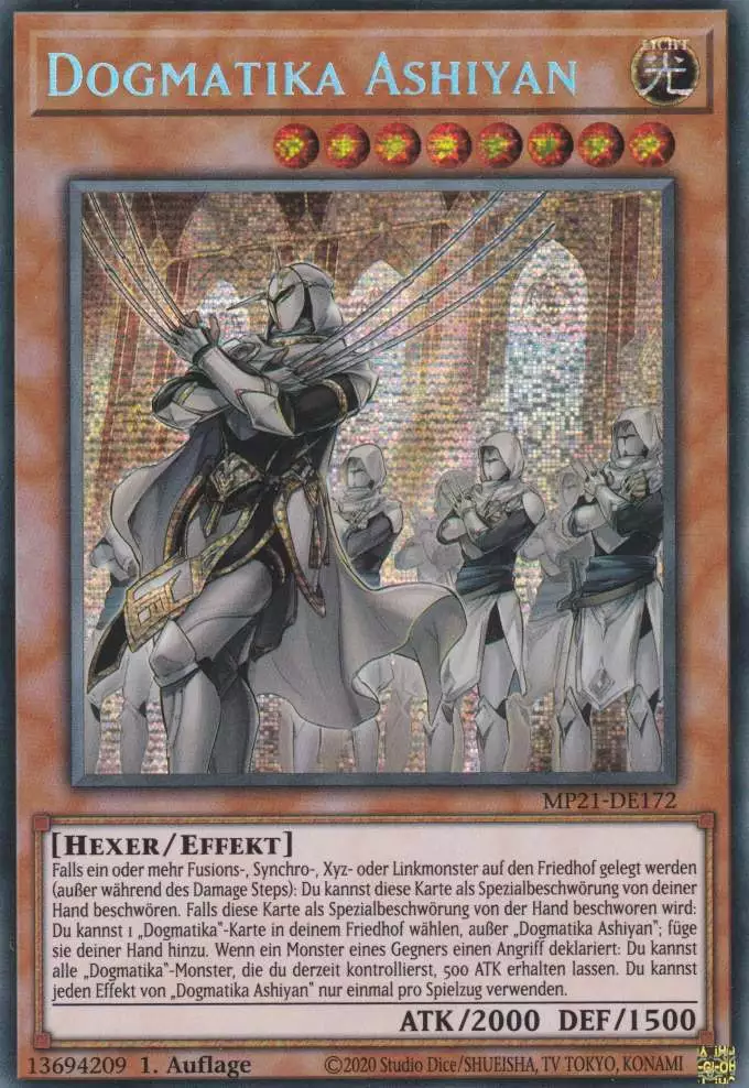 Dogmatika Ashiyan MP21-DE172 ist in Prismatic Secret Rare Yu-Gi-Oh Karte aus Tin of Ancient Battles 1.Auflage