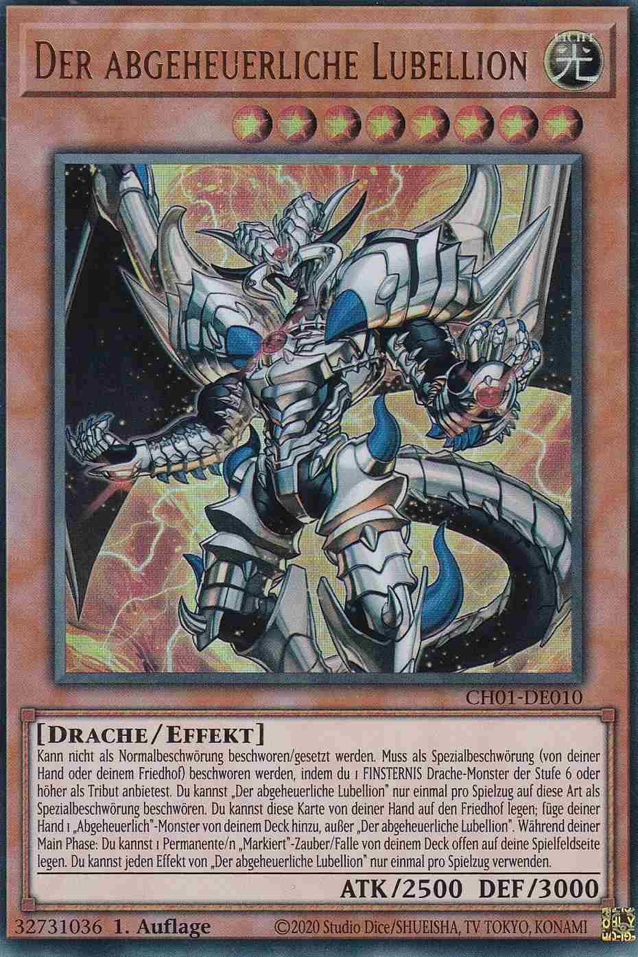 Der abgeheuerliche Lubellion Ultra Rare CH01-DE010 Yugioh Karte Der abgeheuerliche Lubellion CH01-DE010 ist in Ultra Rare Yu-Gi-Oh Karte aus THE CHRONICLES DECK: The Fallen & The Virtuous 1.Auflage