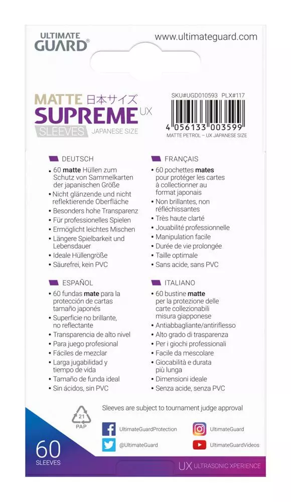 Ultimate Guard Supreme UX Kartenhüllen Japanische Größe Petrolblau Matt (60)
