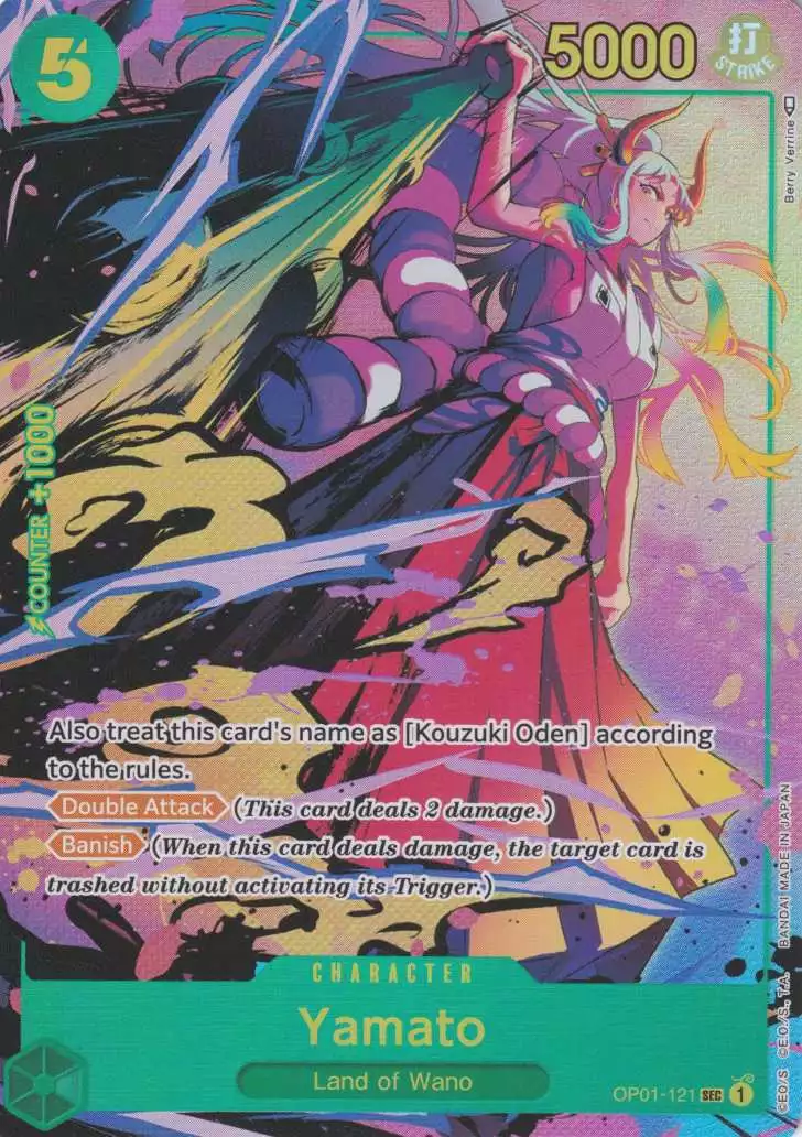 Yamato OP01-121 ist in Secret Rare. Die One Piece Karte ist aus Romance Dawn in Parallel Alternative Art.