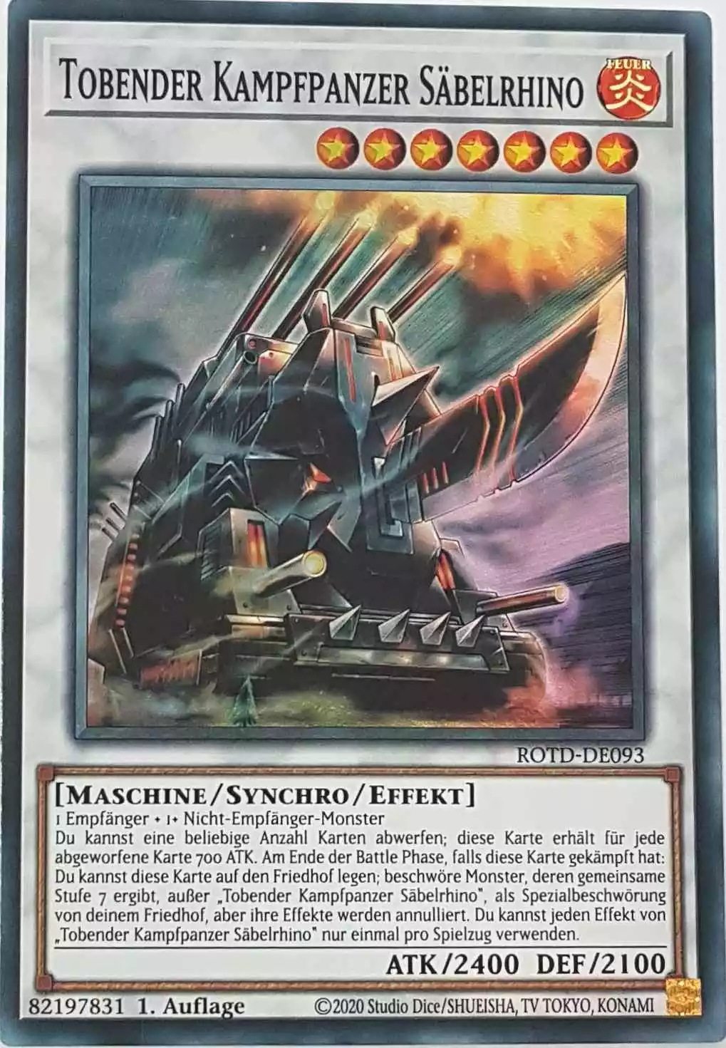 Tobender Kampfpanzer Säbelrhino ROTD-DE093 ist in Super Rare Yu-Gi-Oh Karte aus Rise of the Duelist 1.Auflage