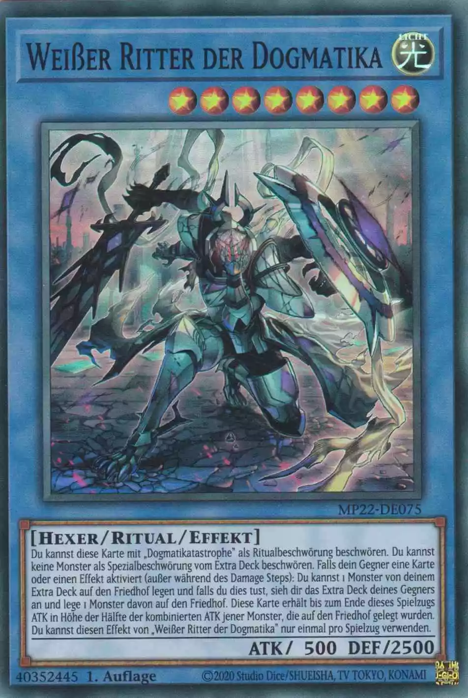 Weißer Ritter der Dogmatika MP22-DE075 ist in Super Rare Yu-Gi-Oh Karte aus Tin of the Pharaoh’s Gods 1.Auflage
