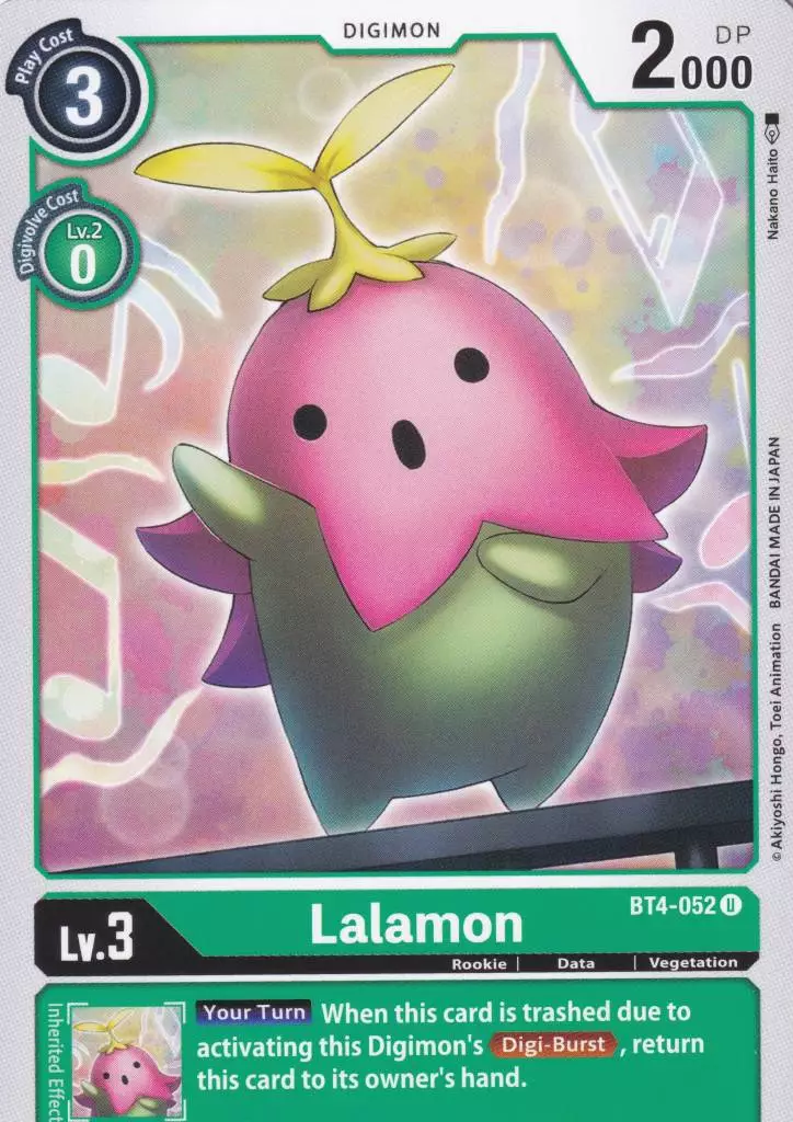 Lalamon BT4-052 ist in Uncommon. Die Digimon Karte ist aus Great Legend BT04 