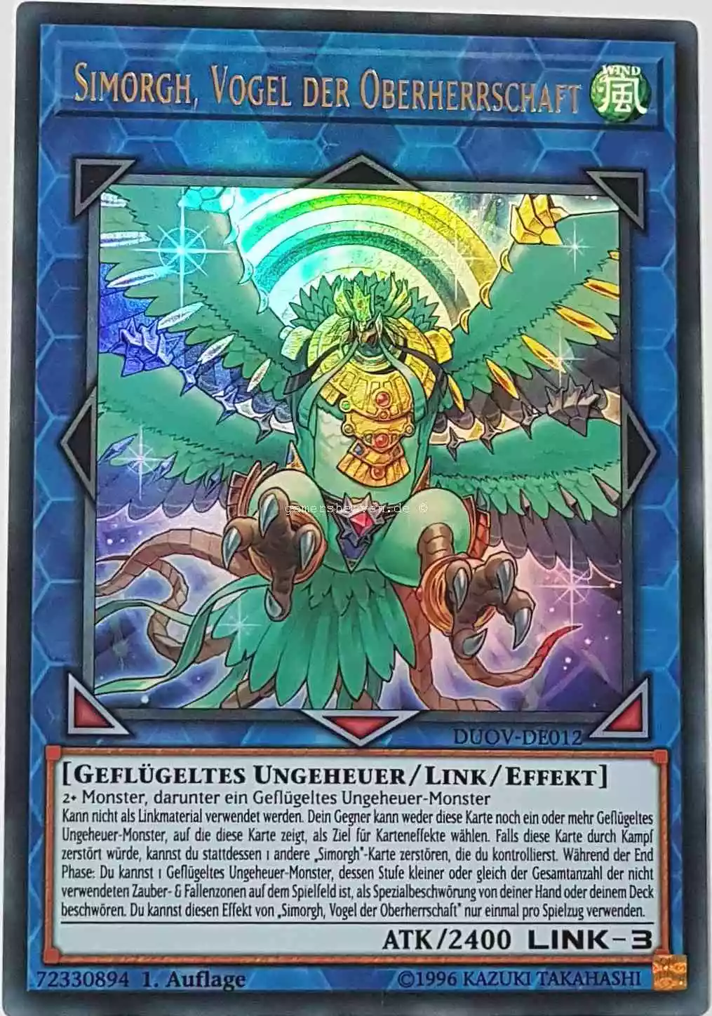 Simorgh, Vogel der Oberherrschaft DUOV-DE012 ist in Ultra Rare Yu-Gi-Oh Karte aus Duel Overload 1.Auflage