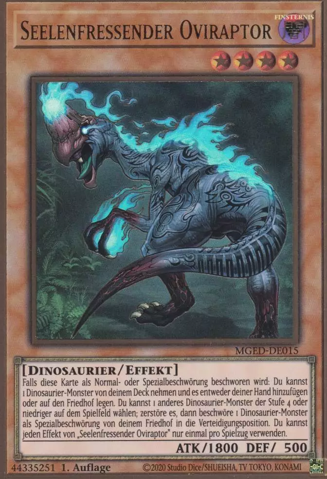 Seelenfressender Oviraptor MGED-DE015 ist in Premium Gold Rare Yu-Gi-Oh Karte aus Maximum Gold El Dorado 1.Auflage