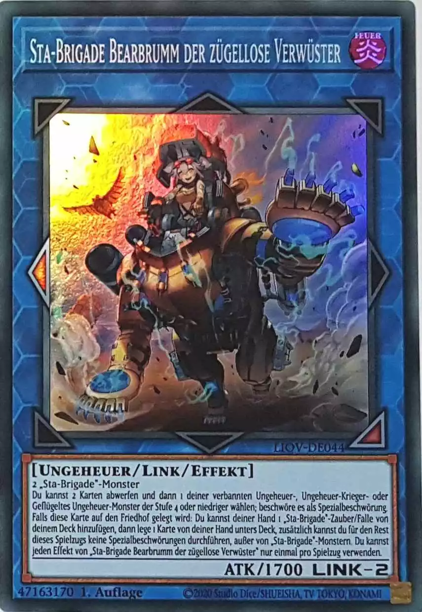 Sta-Brigade Bearbrumm der zügellose Verwüster LIOV-DE044 ist in Super Rare Yu-Gi-Oh Karte aus Lightning Overdrive 1.Auflage