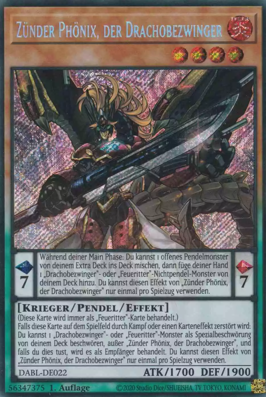 Zünder Phönix, der Drachobezwinger DABL-DE022 ist in Secret Rare Yu-Gi-Oh Karte aus Darkwing Blast 1.Auflage