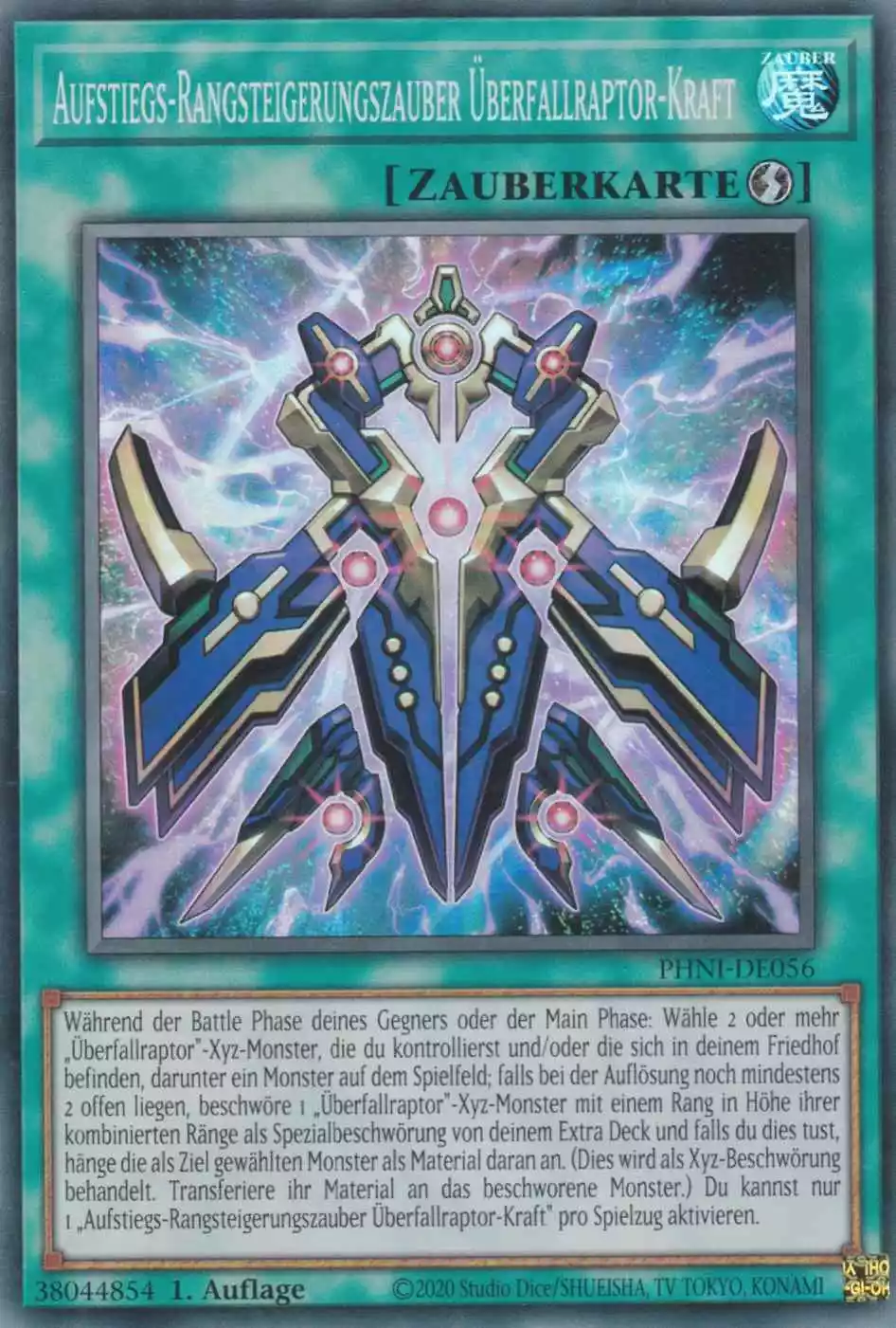 Aufstiegs-Rangsteigerungszauber Überfallraptor-Kraft PHNI-DE056 ist in Super Rare Yu-Gi-Oh Karte aus Phantom Nightmare 1.Auflage
