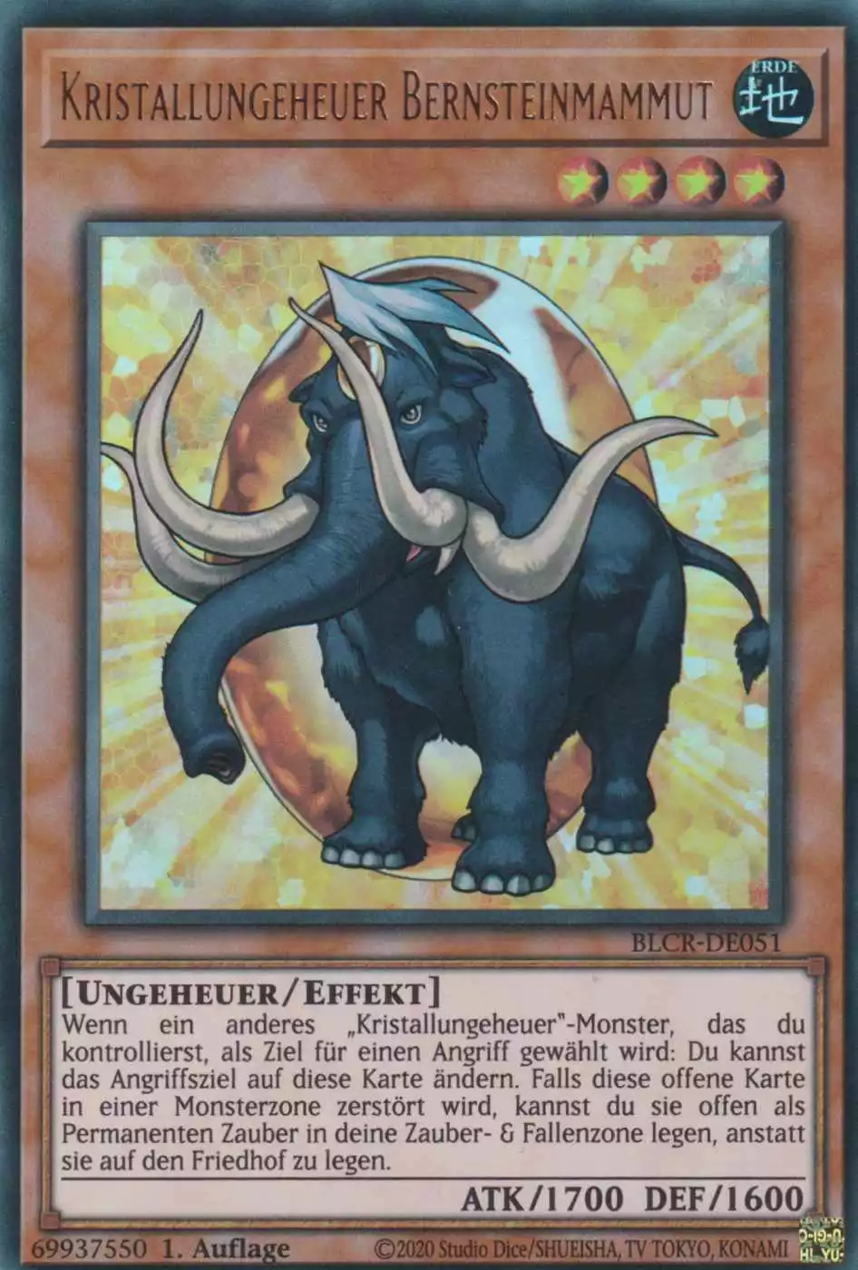 Kristallungeheuer Bernsteinmammut BLCR-DE051 ist in Ultra Rare Yu-Gi-Oh Karte aus Battles of Legend Crystal Revenge 1.Auflage