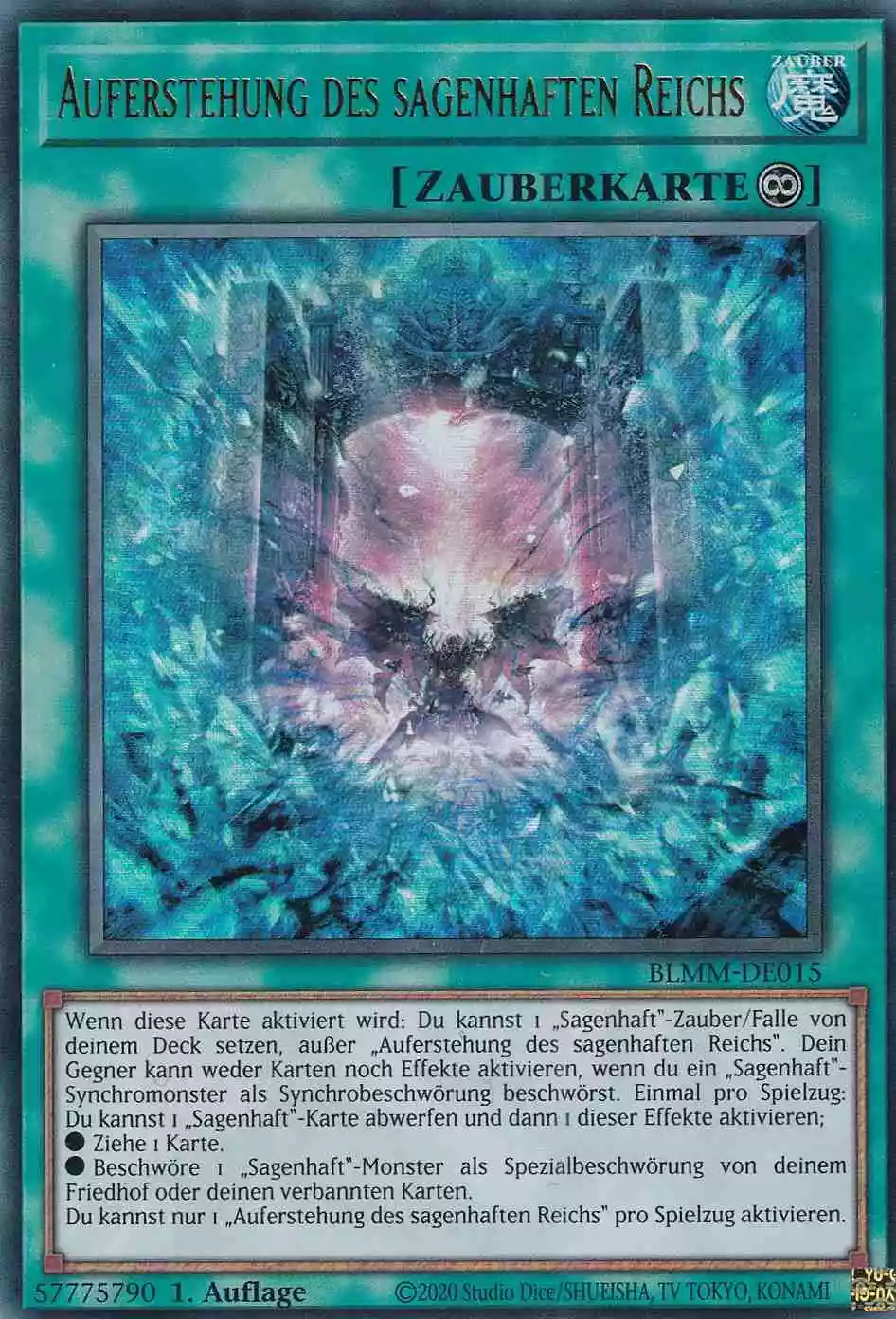 Auferstehung des sagenhaften Reichs Ultra Rare BLMM-DE015 Yugioh Karte Auferstehung des sagenhaften Reichs BLMM-DE015 ist in Ultra Rare Yu-Gi-Oh Karte aus Battles of Legend Monster Mayhem 1.Auflage