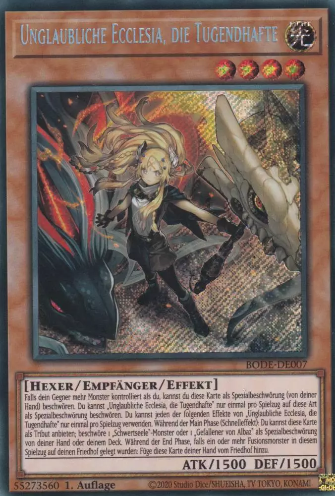 Unglaubliche Ecclesia, die Tugendhafte BODE-DE007 ist in Secret Rare Yu-Gi-Oh Karte aus Burst of Destiny 1.Auflage