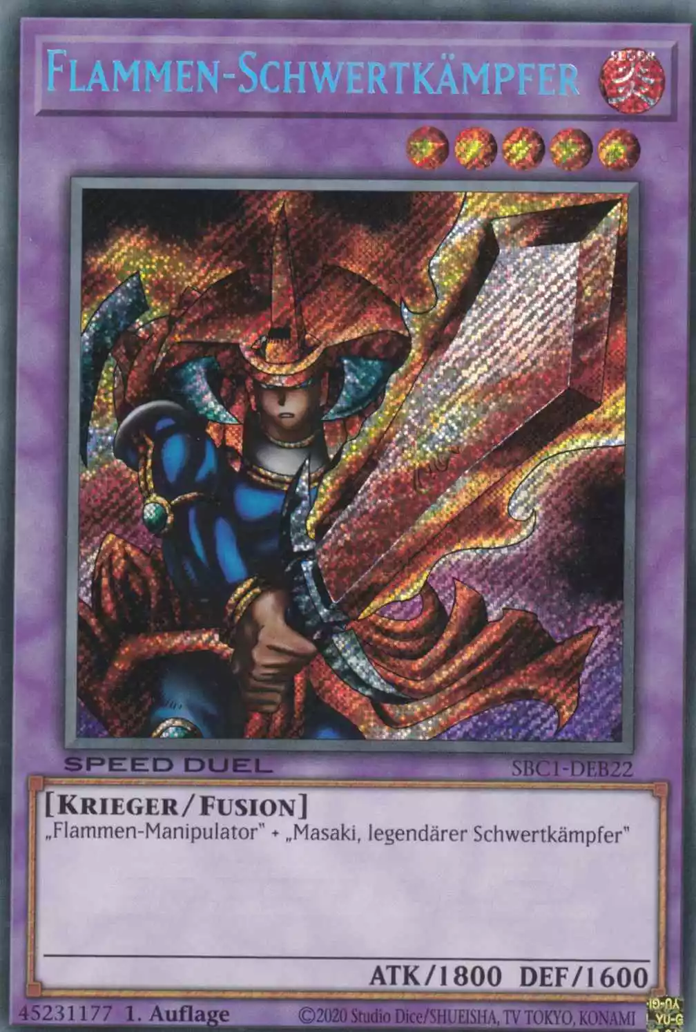 Flammen-Schwertkämpfer SBC1-DEB22 ist in Secret Rare Yu-Gi-Oh Karte aus Streets of Battle City 1.Auflage