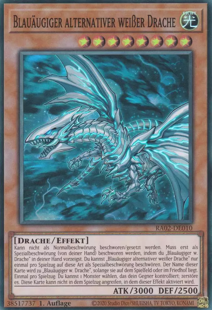Blauäugiger alternativer weißer Drache RA02-DE010 ist in Super Rare Yu-Gi-Oh Karte aus 25th Anniversary Rarity Collection 2 1.Auflage