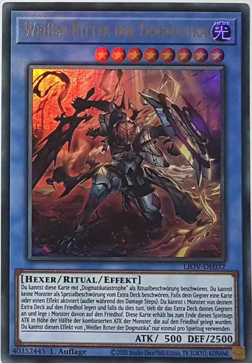 Weißer Ritter der Dogmatika LIOV-DE032 ist in Ultra Rare Yu-Gi-Oh Karte aus Lightning Overdrive 1.Auflage