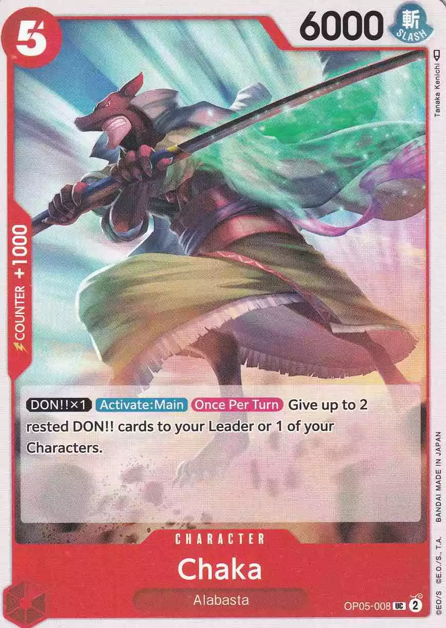 Chaka OP05-008 ist in Uncommon. Die One Piece Karte ist aus Awakening of the New Era in Normal Art.