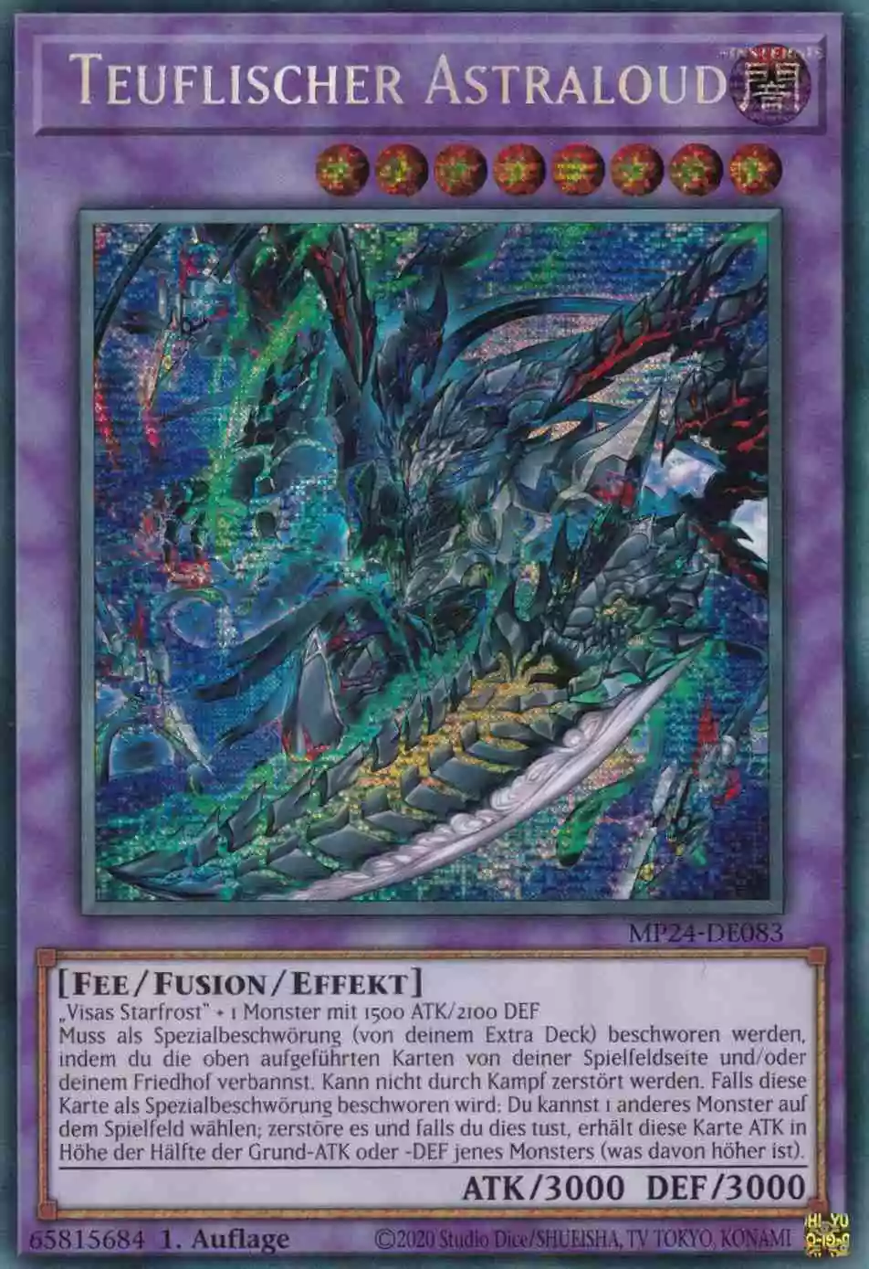 Teuflischer Astraloud Prismatic Secret Rare MP24-DE083 Yugioh Karte Teuflischer Astraloud MP24-DE083 ist in Prismatic Secret Rare Yu-Gi-Oh Karte aus 25th Anniversary Tin Dueling Mirrors 1.Auflage