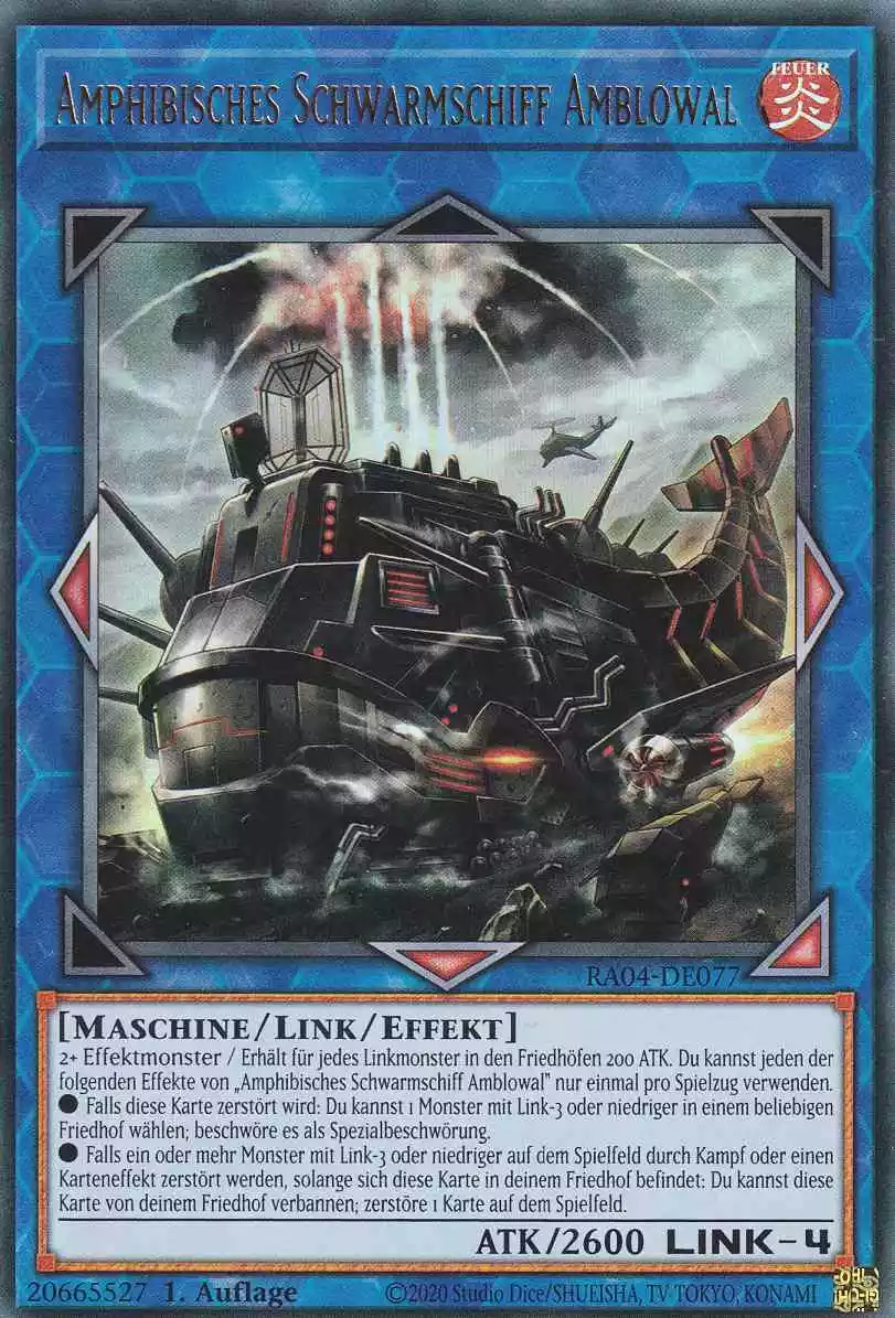 Amphibisches Schwarmschiff Amblowal Ultra Rare RA04-DE077 Yugioh Karte Amphibisches Schwarmschiff Amblowal RA04-DE077 ist in Ultra Rare Yu-Gi-Oh Karte aus Quarter Century Stampede 1.Auflage