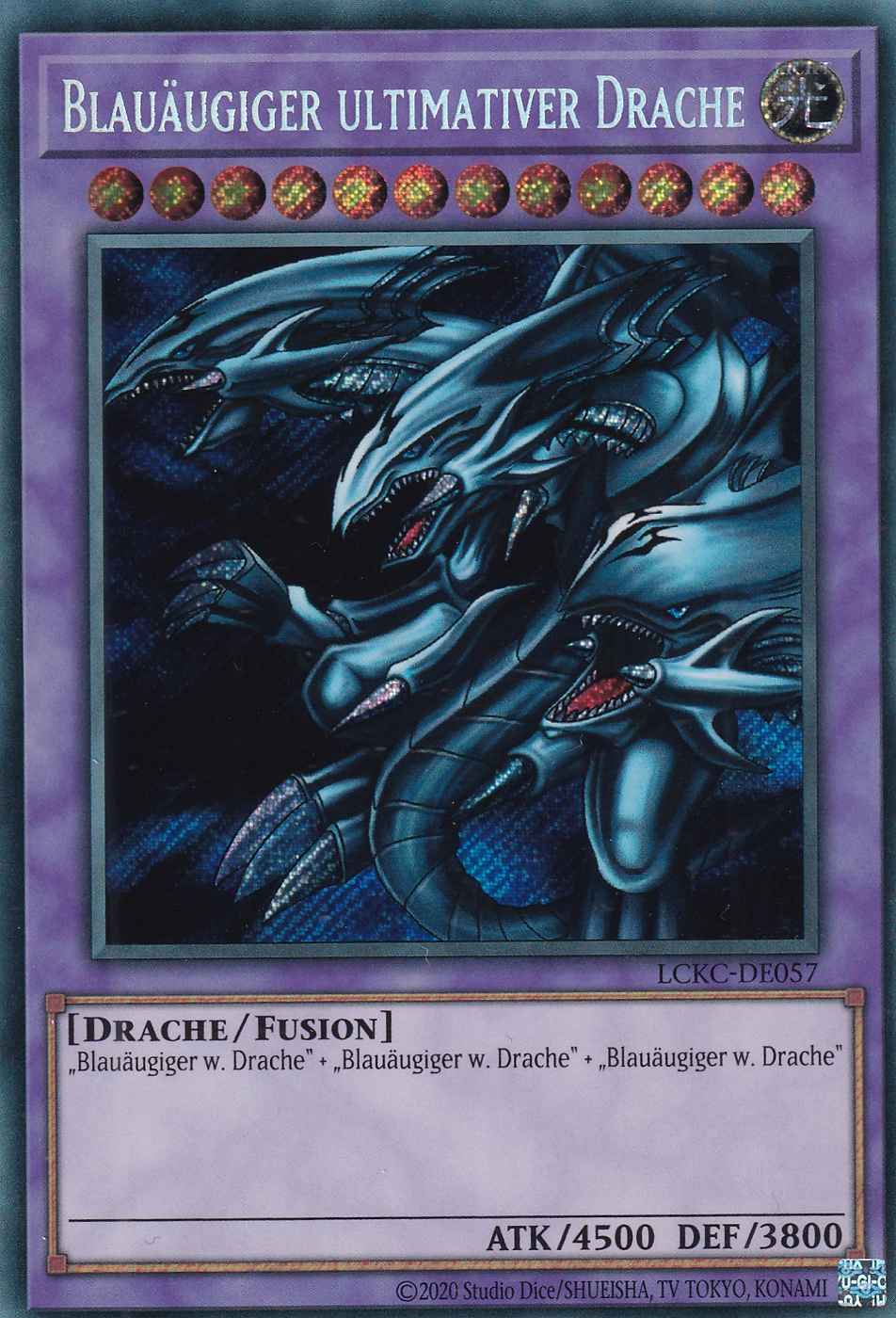 Blauäugiger ultimativer Drache Secret Rare LCKC-DE057 Yugioh Karte Blauäugiger ultimativer Drache LCKC-DE057 ist in Secret Rare Yu-Gi-Oh Karte aus Legendary Collection Kaiba unlimitiert