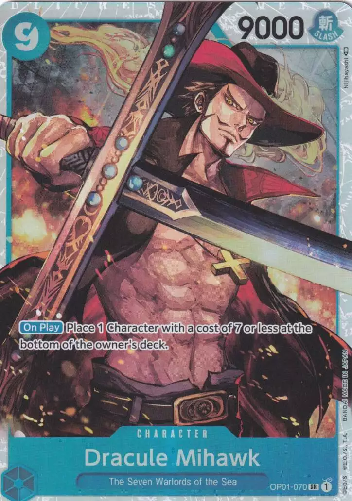 op01-070-dracule-mihawk-super-rare-romance-dawn Dracule Mihawk OP01-070 ist in Super Rare. Die One Piece Karte ist aus Romance Dawn in Normal Art.