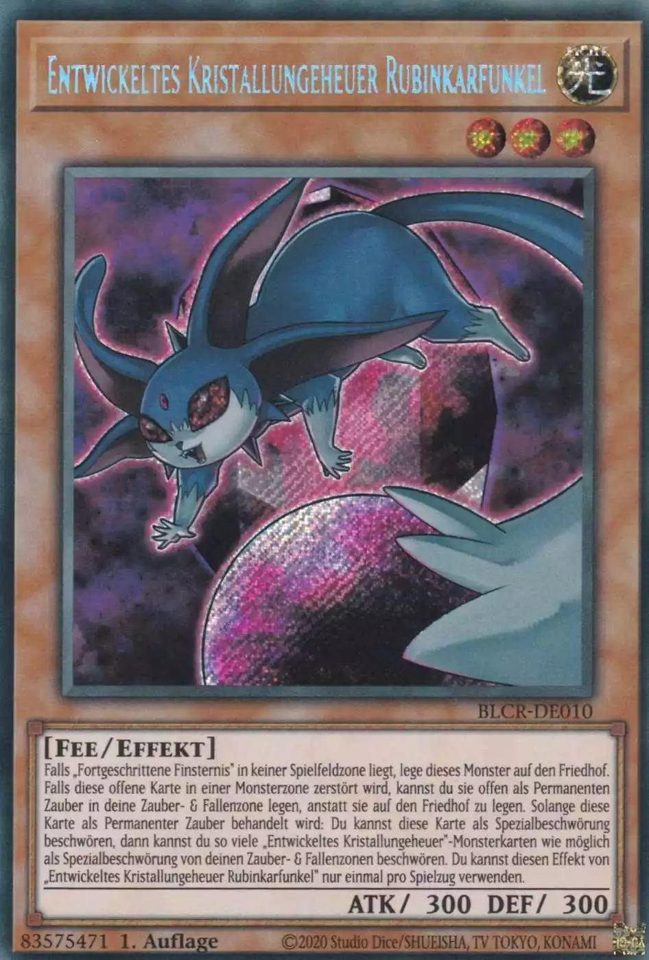 Entwickeltes Kristallungeheuer Rubinkarfunkel BLCR-DE010 ist in Secret Rare Yu-Gi-Oh Karte aus Battles of Legend Crystal Revenge 1.Auflage