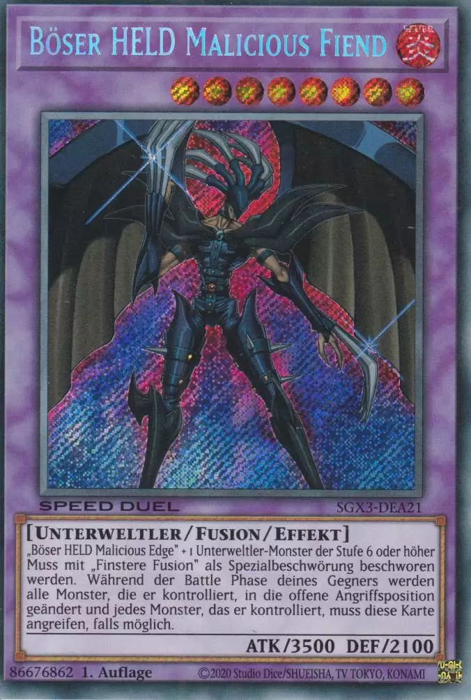 Böser HELD Malicious Fiend SGX3-DEA21 ist in Secret Rare Yu-Gi-Oh Karte aus Speed Duel GX: Duelists of Shadows 1.Auflage