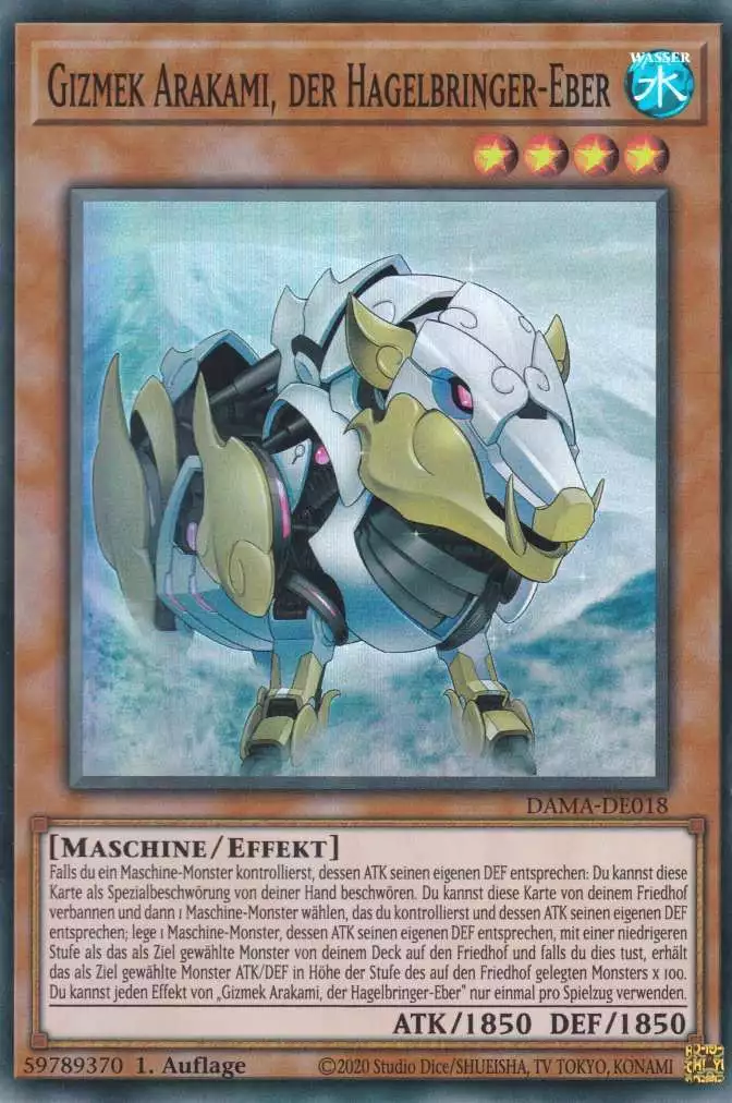 Gizmek Arakami, der Hagelbringer-Eber DAMA-DE018 ist in Super Rare Yu-Gi-Oh Karte aus Dawn of Majesty 1.Auflage