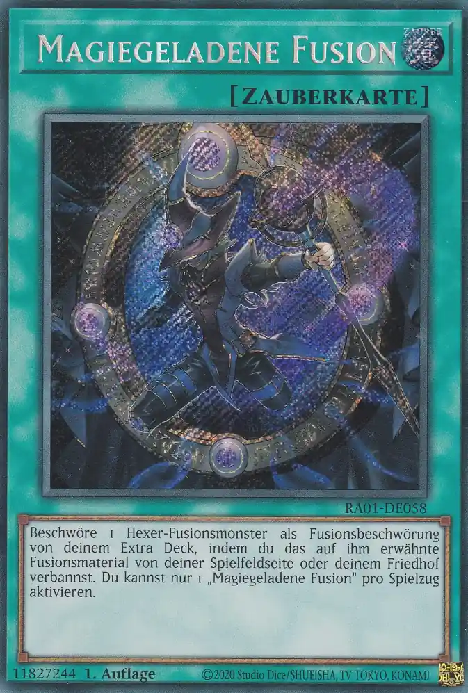 Magiegeladene Fusion RA01-DE058 ist in Secret Rare Yu-Gi-Oh Karte aus 25th Anniversary Rarity Collection 1.Auflage