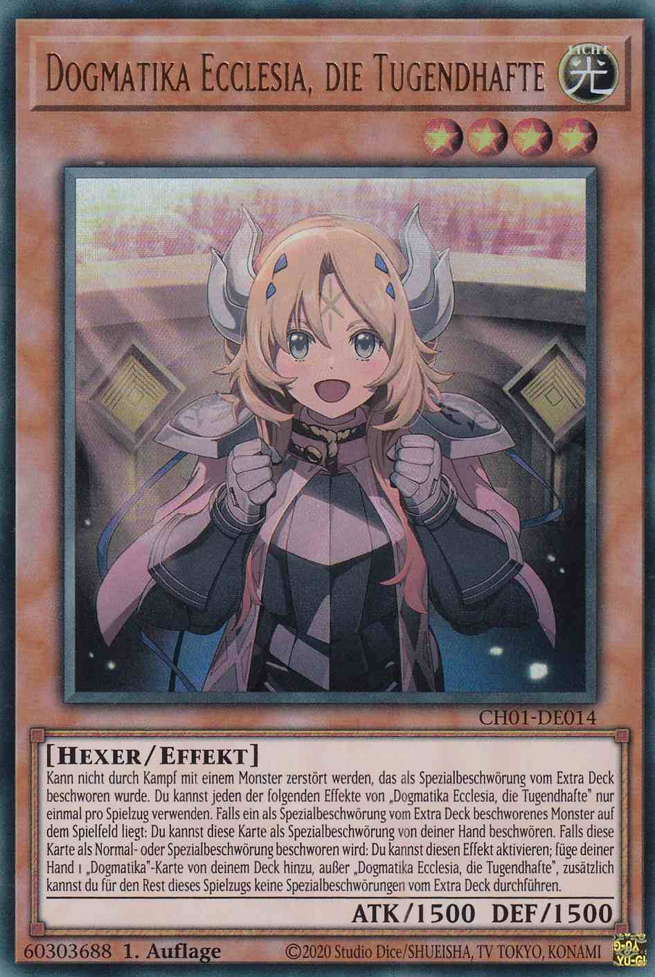 Dogmatika Ecclesia, die Tugendhafte Ultra Rare CH01-DE014 Yugioh Karte Dogmatika Ecclesia, die Tugendhafte CH01-DE014 ist in Ultra Rare Yu-Gi-Oh Karte aus THE CHRONICLES DECK: The Fallen & The Virtuous 1.Auflage