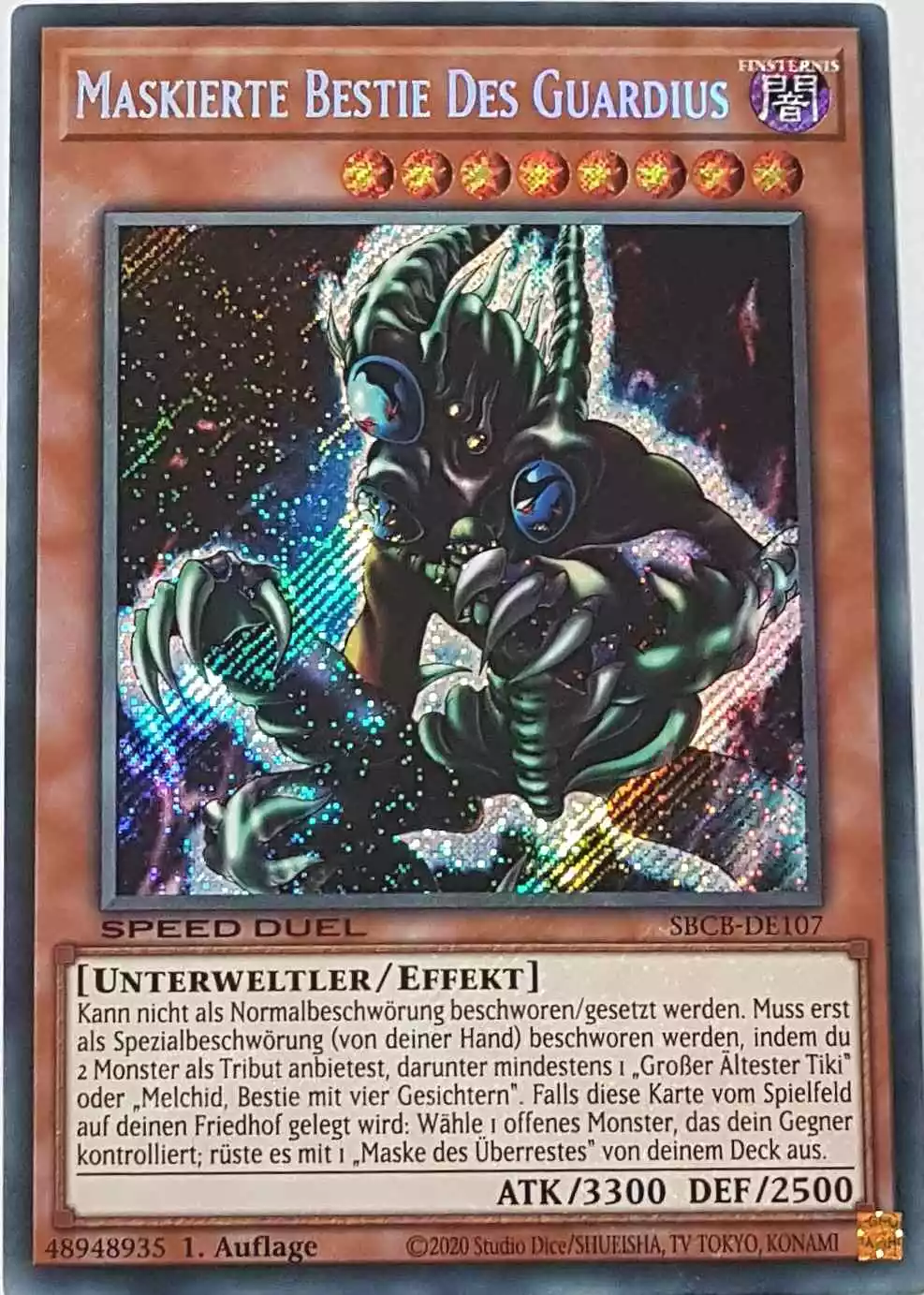 Maskierte Bestie Des Guardius SBCB-DE107-1 ist in Secret Rare Yu-Gi-Oh Karte aus Speed Duel Battle City Box 1. Auflage