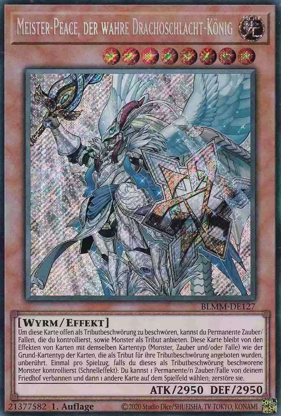 Meister-Peace, der wahre Drachoschlacht-König Secret Rare BLMM-DE127 Yugioh Karte Meister-Peace, der wahre Drachoschlacht-König BLMM-DE127 ist in Secret Rare Yu-Gi-Oh Karte aus Battles of Legend Monster Mayhem 1.Auflage