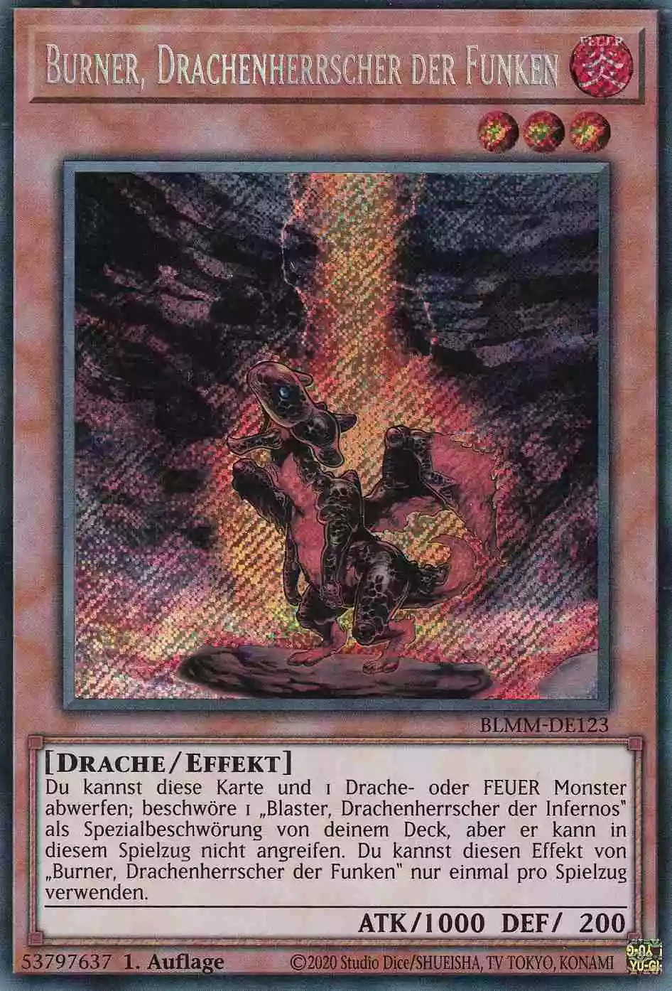 Burner, Drachenherrscher der Funken Secret Rare BLMM-DE123 Yugioh Karte Burner, Drachenherrscher der Funken BLMM-DE123 ist in Secret Rare Yu-Gi-Oh Karte aus Battles of Legend Monster Mayhem 1.Auflage