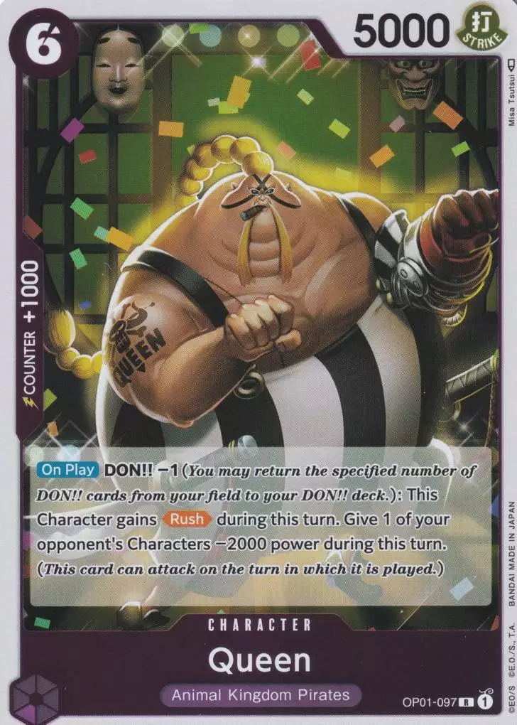 Queen OP01-097 ist in Rare. Die One Piece Karte ist aus Romance Dawn in Normal Art.