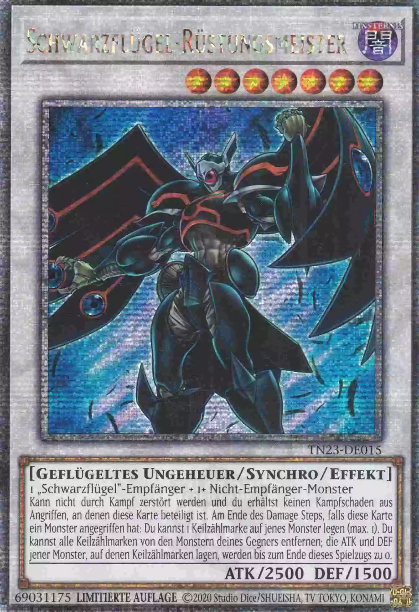 Schwarzflügel-Rüstungsmeister TN23-DE015 ist in Quarter Century Secret Rare Yu-Gi-Oh Karte aus 25th Anniversary Tin Dueling Heroes 1.Auflage