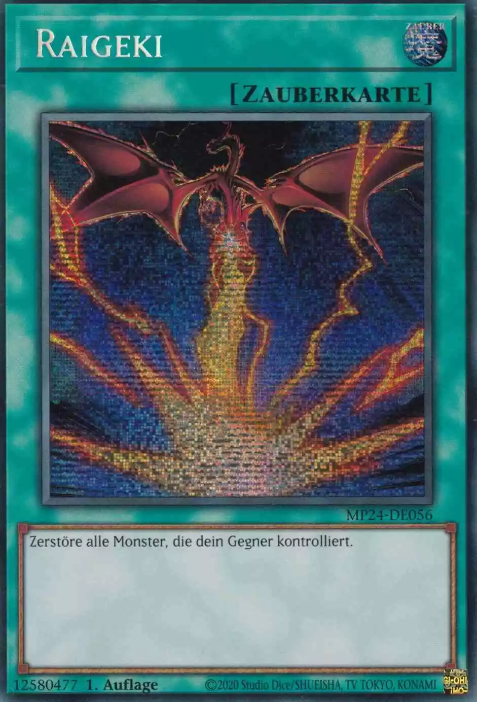 Raigeki (alternativ art) MP24-DE056 ist in Prismatic Secret Rare Yu-Gi-Oh Karte aus 25th Anniversary Tin Dueling Mirrors 1.Auflage