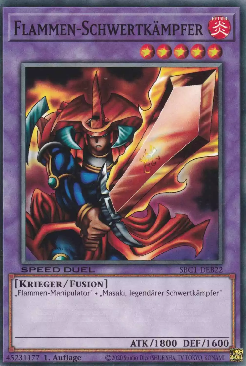 Flammen-Schwertkämpfer SBC1-DEB22 ist in Common Yu-Gi-Oh Karte aus Streets of Battle City 1.Auflage