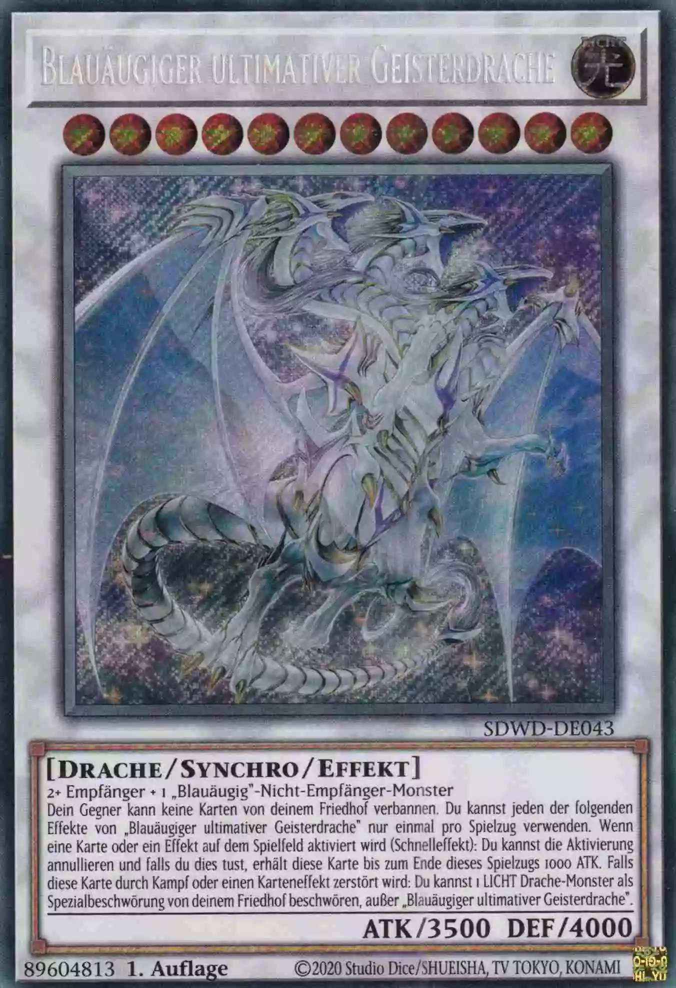 Blauäugiger ultimativer Geisterdrache SDWD-DE043-SCR ist in Secret Rare Yu-Gi-Oh Karte aus Blue-Eyes White Destiny 1.Auflage