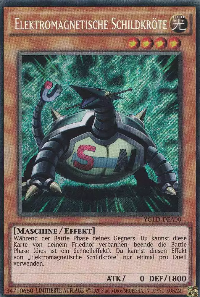 Elektromagnetische Schildkröte YGLD-DEA00 ist in Secret Rare Yu-Gi-Oh Karte aus Yugis Legendary Decks - King of Games Limitierte Auflage 