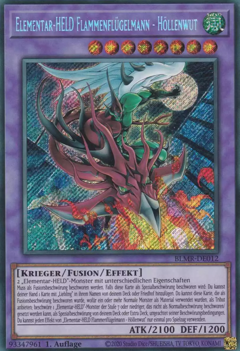 Elementar-HELD Flammenflügelmann - Höllenwut BLMR-DE012 ist in Secret Rare Yu-Gi-Oh Karte aus Battles of Legend Monstrous Revenge 1.Auflage