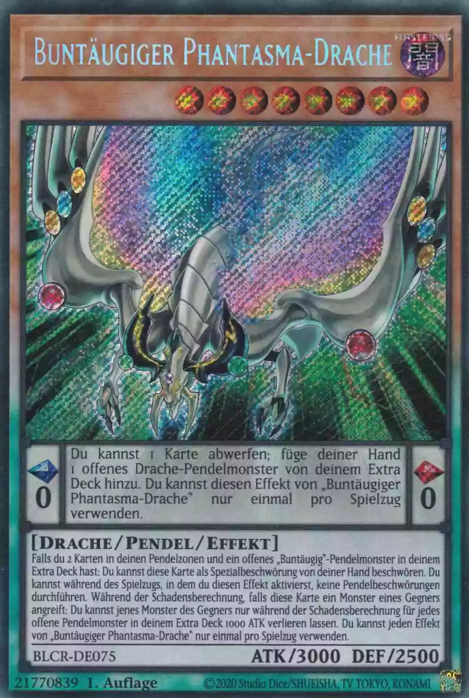 Buntäugiger Phantasma-Drache BLCR-DE075 ist in Secret Rare Yu-Gi-Oh Karte aus Battles of Legend Crystal Revenge 1.Auflage