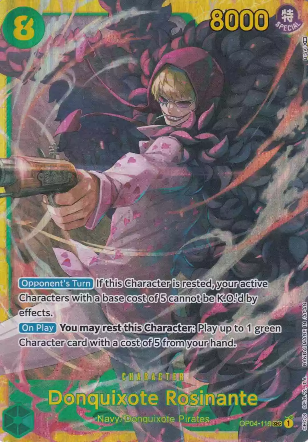 Donquixote Rosinante OP04-119 ist in Secret Rare. Die One Piece Karte ist aus Kingdoms Of Intrigue in Normal Art.