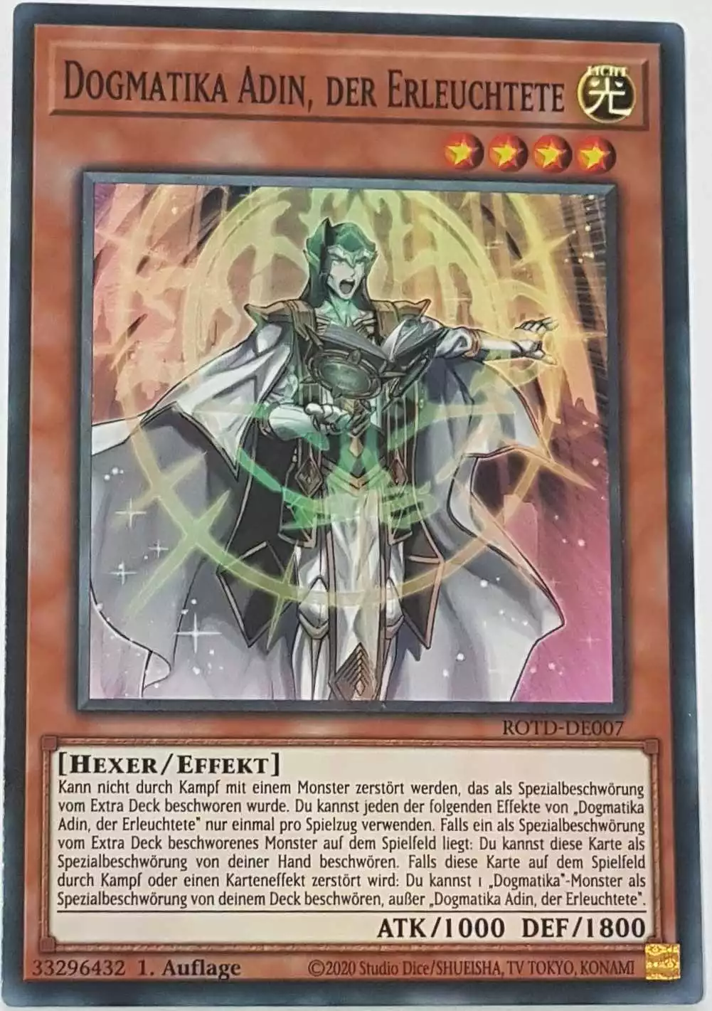 Dogmatika Adin, der Erleuchtete ROTD-DE007 ist in Super Rare Yu-Gi-Oh Karte aus Rise of the Duelist 1.Auflage