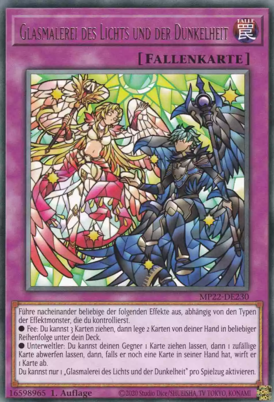 Glasmalerei des Lichts und der Dunkelheit MP22-DE230 ist in Rare Yu-Gi-Oh Karte aus Tin of the Pharaoh’s Gods 1.Auflage