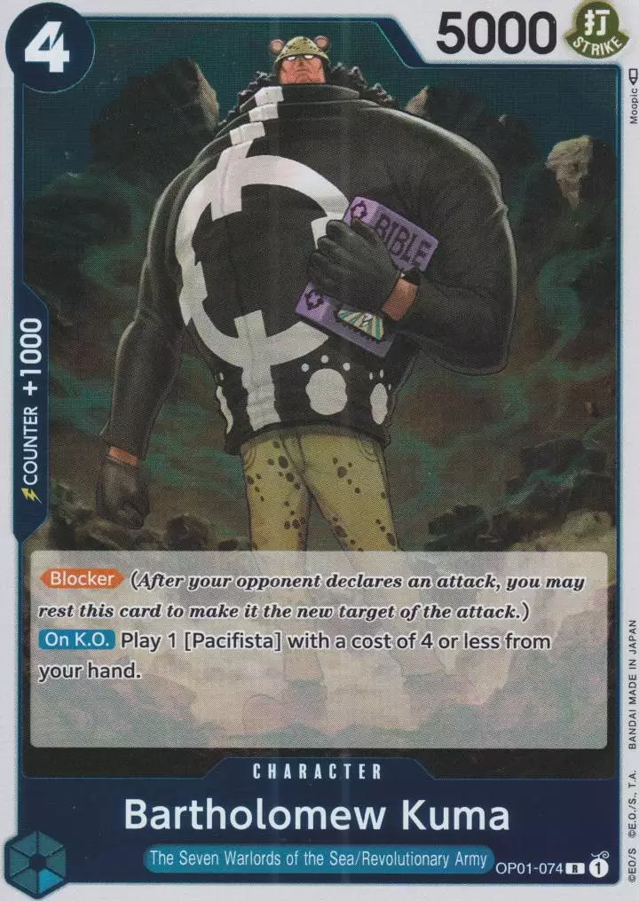 op01-074-bartholomew-kuma-rare-romance-dawn Bartholomew Kuma OP01-074 ist in Rare. Die One Piece Karte ist aus Romance Dawn in Normal Art.