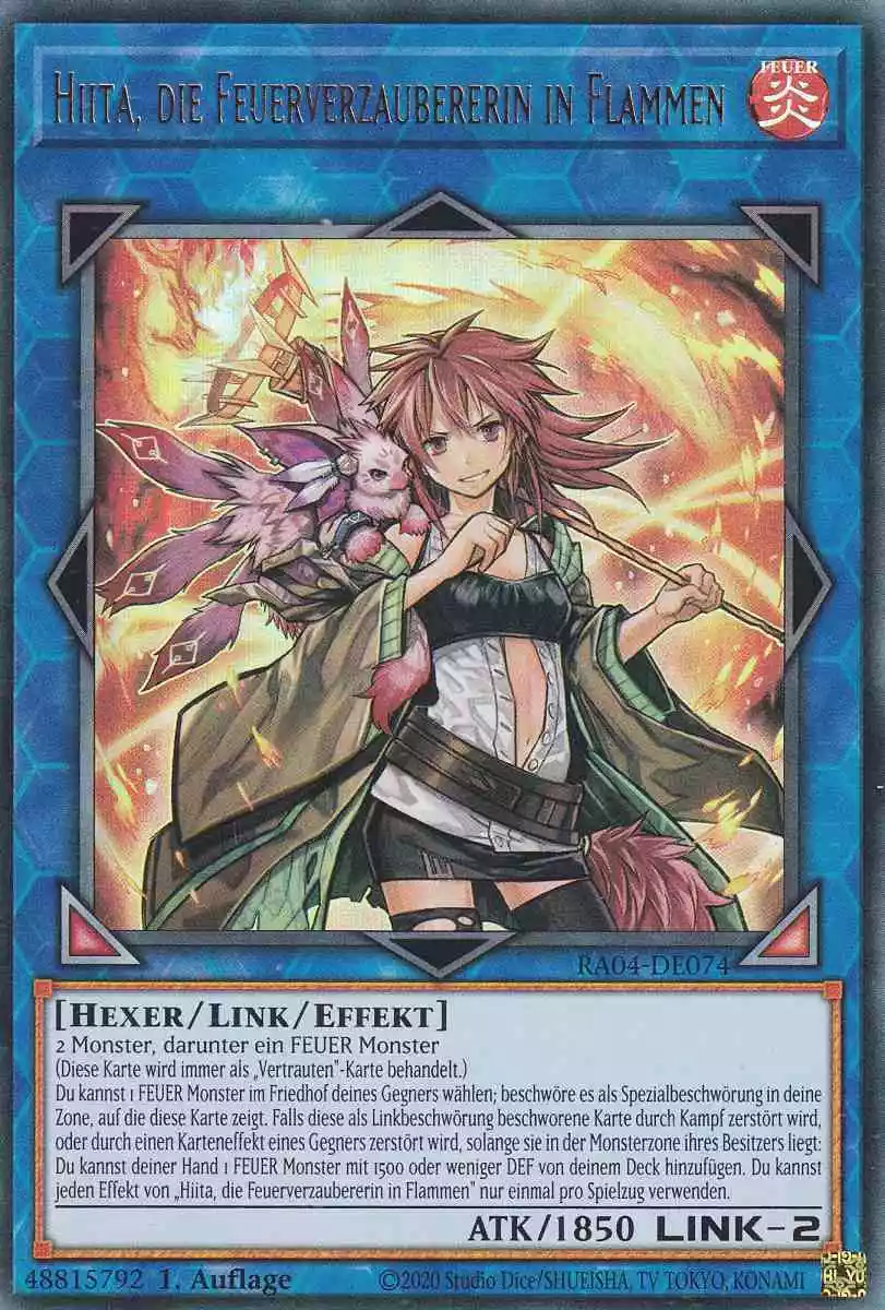 Hiita, die Feuerverzaubererin in Flammen Ultra Rare RA04-DE074 Yugioh Karte Hiita, die Feuerverzaubererin in Flammen RA04-DE074 ist in Ultra Rare Yu-Gi-Oh Karte aus Quarter Century Stampede 1.Auflage