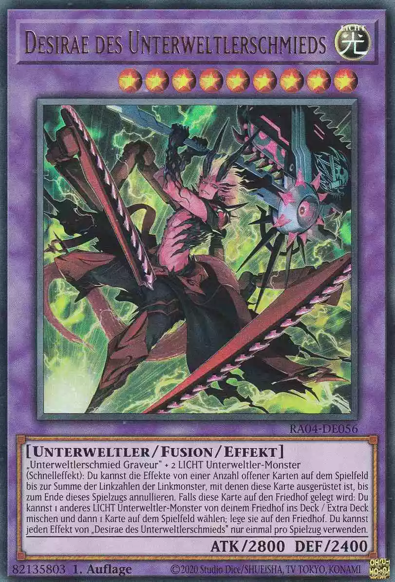 Desirae des Unterweltlerschmieds Ultra Rare RA04-DE056 Yugioh Karte Desirae des Unterweltlerschmieds RA04-DE056 ist in Ultra Rare Yu-Gi-Oh Karte aus Quarter Century Stampede 1.Auflage