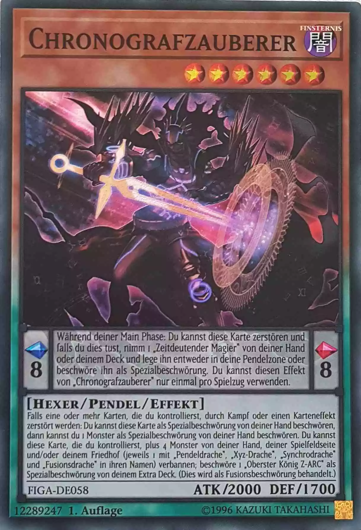 Chronografzauberer FIGA-DE058 ist in Super Rare Yu-Gi-Oh Karte aus Fists of the Gadgets 1.Auflage